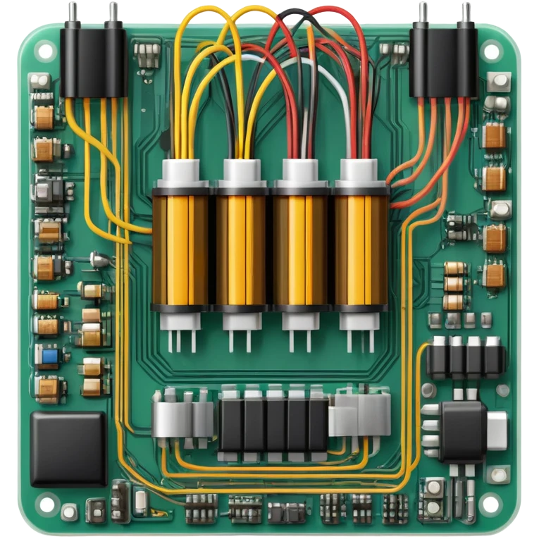 An icon featuring a circuit board, electrical wires, symbolizing electrical engineering. The design includes resistors, capacitors, and a power transformer, representing the study of electrical systems and innovation. Transparent background highlights modern electrical technology emoji