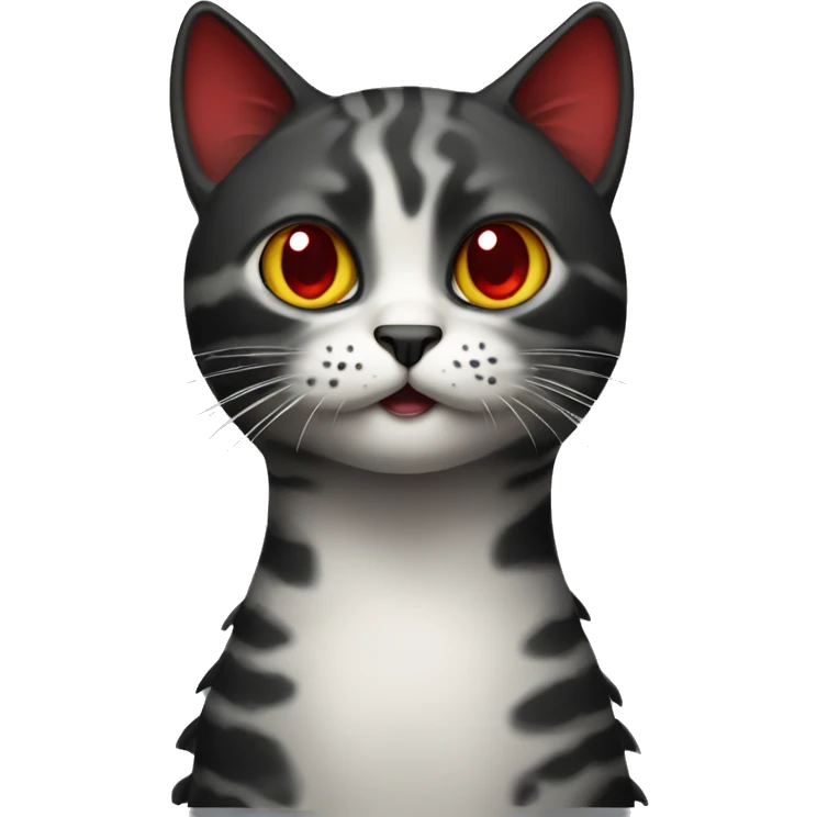 a cat with black and red coloring and eyes like a crocodile emoji