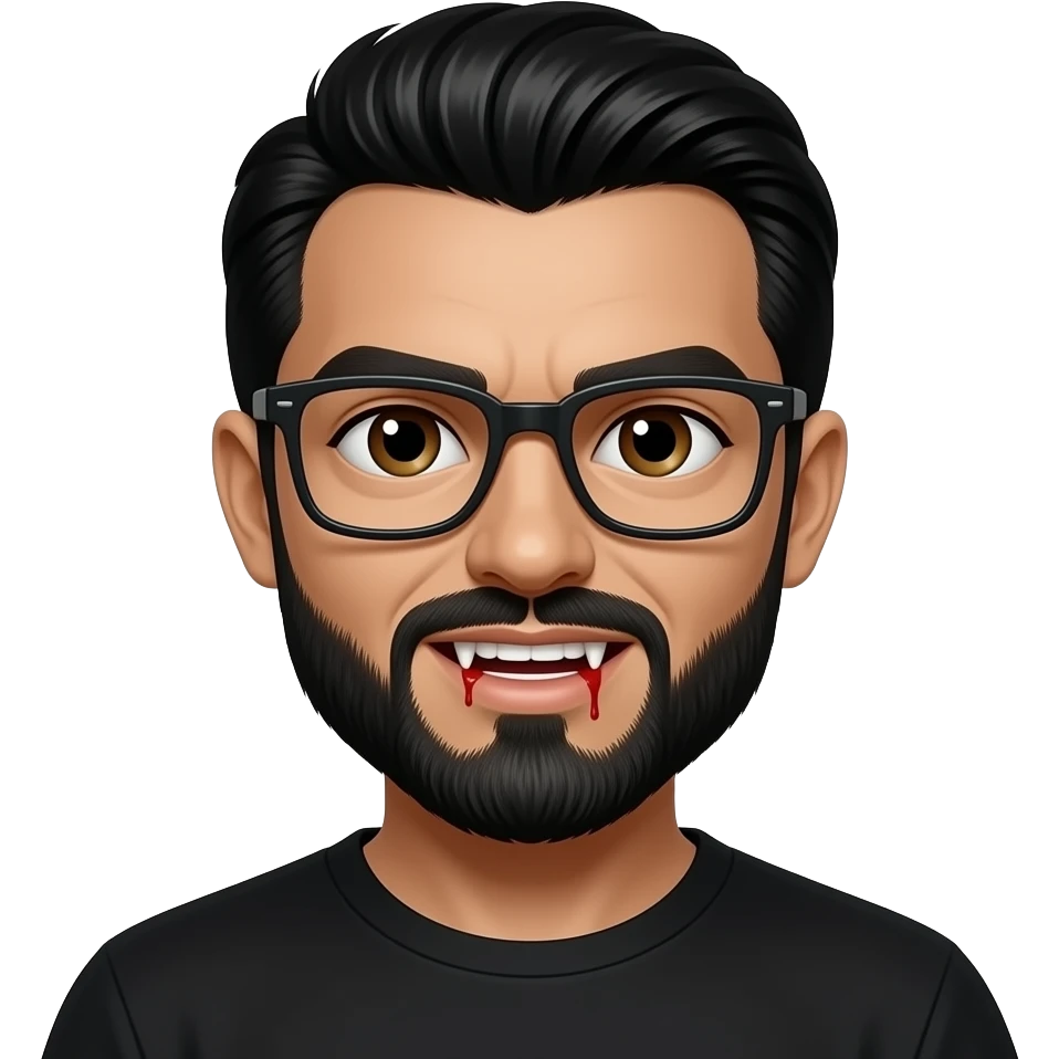 black slick back hair, tan skin, black beard, with square glasses, brown eyes, black tee shirt,  dracula teeth with blood on the fangs emoji