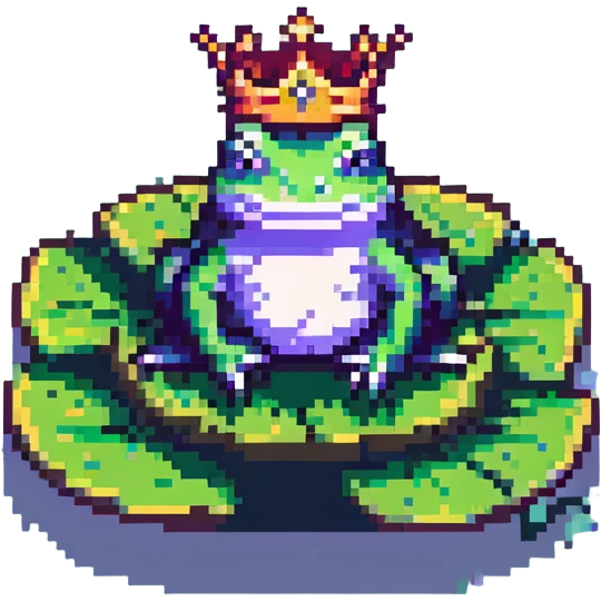 pixel art crowned frog, sitting on a lily pad emoji