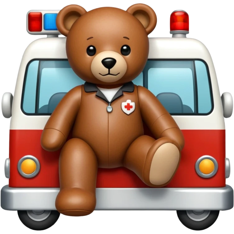 a leather teddy bear inside an ambulance driving an ambulance emoji