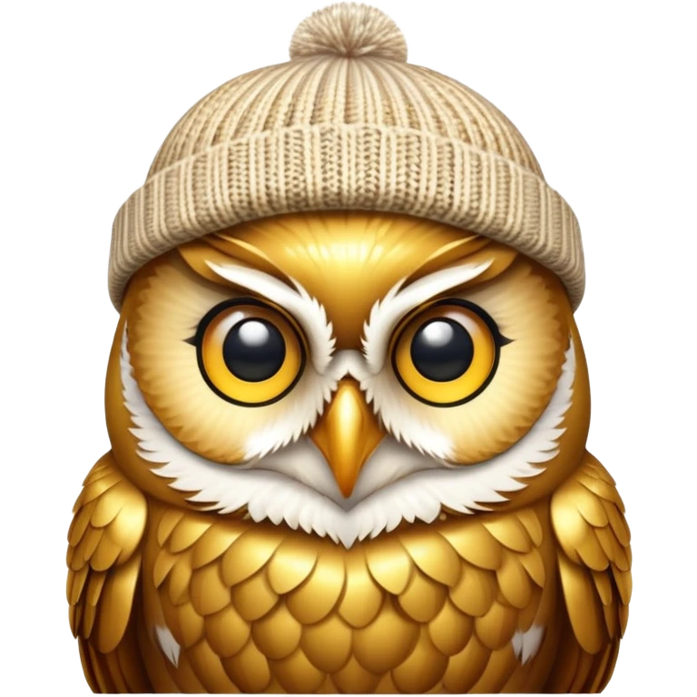 golden owl with shiny feathers. With a knitted hat in head  emoji