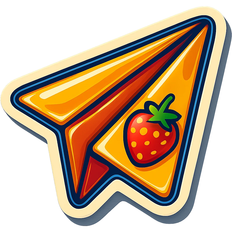retro sticker-style paper airplane with bold outlines, expressive shadows and highlights, slightly three-dimensional playful look, outlined glossy bright style like lips with strawberry illustration emoji