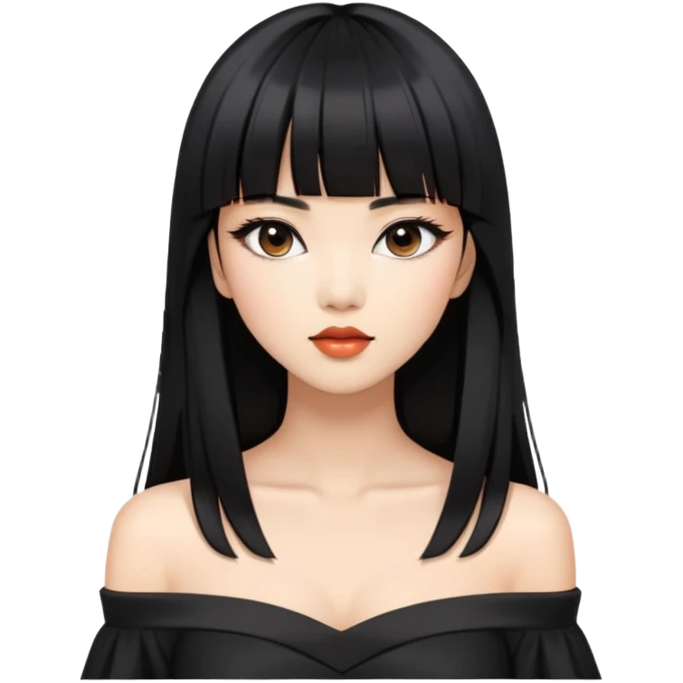 fashionable woman with Asian skin tone, long straight black hair with straight bangs, black off-shoulder outfit, and stylish makeup emoji