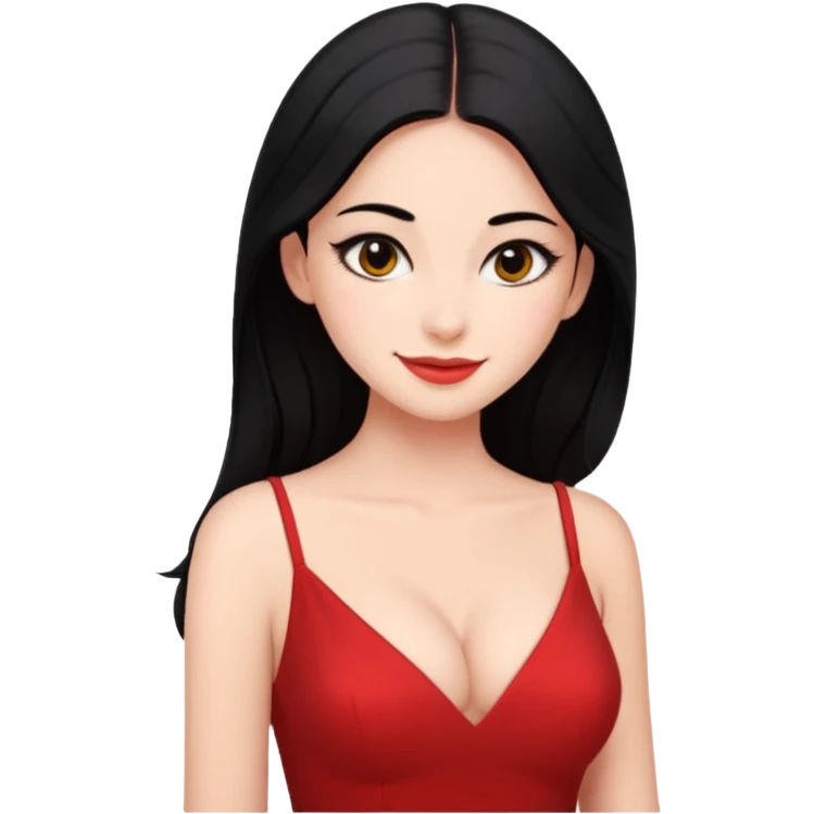 Chica súper joven y delgada pero con pechos grandes y  con delineado con vestido rojo escotado en la espalda y pelo largo negro, con sonrisa coqueta emoji