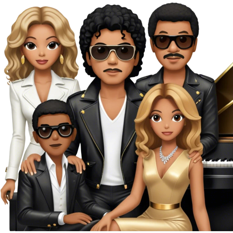 Michael Jackson in his black leather jacket, Beyoncé in a glamorous stage outfit, Lionel Richie in his classic look, Whitney Houston in her famous dress, and Ray Charles in black glasses sitting at a piano. Transparent background. emoji