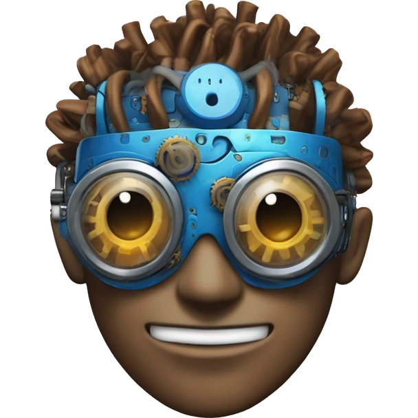 Brown cyborg head with blue Mohawk, blue beard, silver steampunk monocle goggles a smile and circuits emoji
