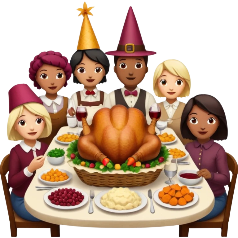 Thanksgiving Dinner with 10 people of different races around the table; have the food be a cooked turkey, mashed potatoes, corn, a basket of biscuits, a small bowl of cranberry sauce, baked yams, steamed vegetables, and a bottle of wine. emoji