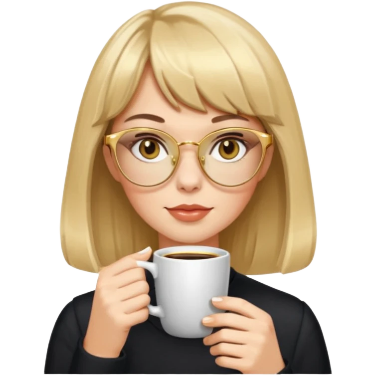 white woman with medium hair with bangs drinking coffee wearing golden cat eye glasses emoji