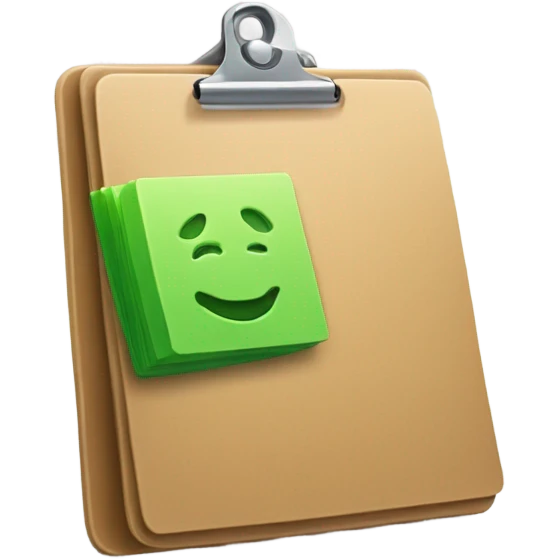 Design a simple emoji-style icon that represents a catalog of items in stock. It should include a clipboard or checklist symbol, with a shopping bag or box, and use bright, inviting colors like green to signify availability. emoji