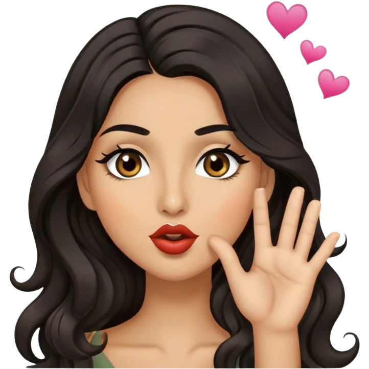 woman with olive skin, brown eyes and long lashes, and long black wavy hair blowing kiss emoji
