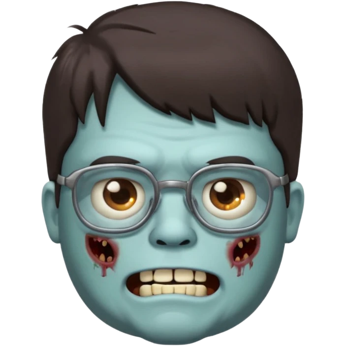 An emoji of a slightly chubby male zombie with dark brown hair and bangs down to his eyebrows, wearing square, bluish glasses. emoji