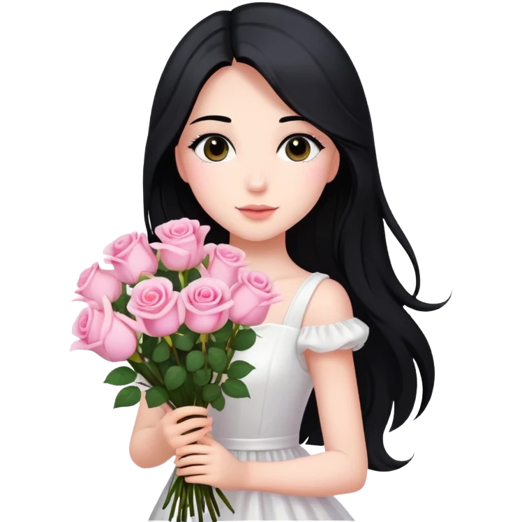 A beautiful girl with long black hair and a white dress is holding a bouquet of pink roses emoji
