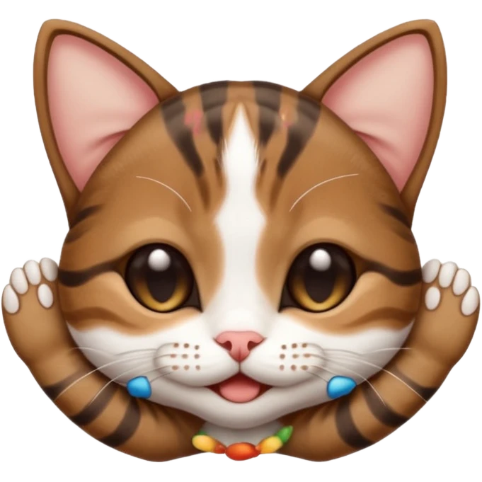 dark brown tabby and white small cat in funny positions upside down with paws covering eyes emoji