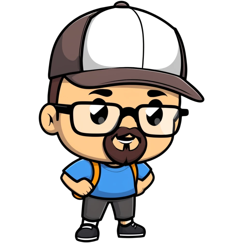 adventurer with goatee beard (no beard on cheeks), short hair, glasses and backwards baseball cap emoji