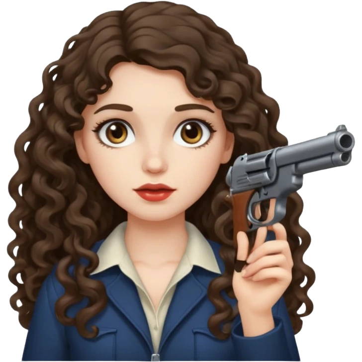 A brunette with long wavy, curly hair girl who is about to kill herself with a littlr gun pointed at her temple emoji