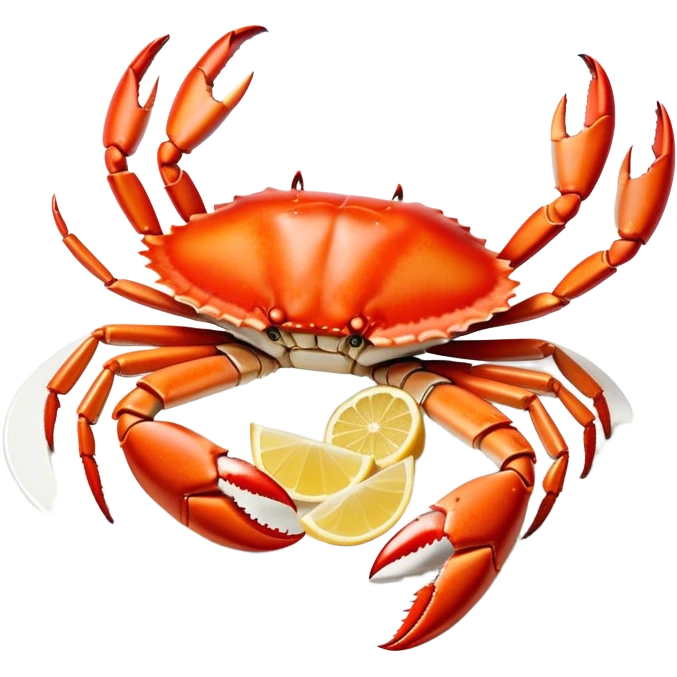 Cinematic rich crab legs, bright red shell glistening, cracked open to reveal tender white meat, warm golden highlights, detailed and delicious. emoji