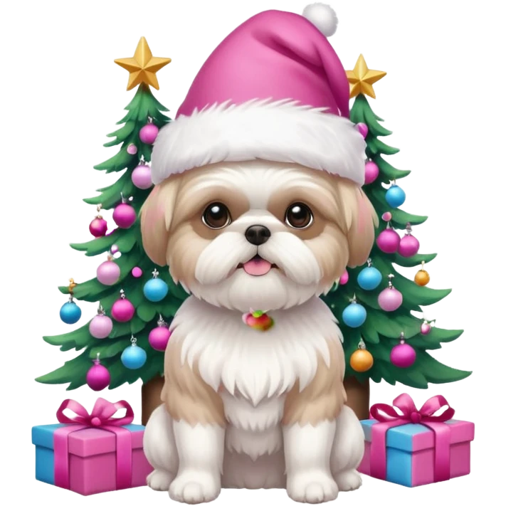 one little white all over shih tzu dog with pink santa hat with short hair sitting next to pink christmas tree emoji