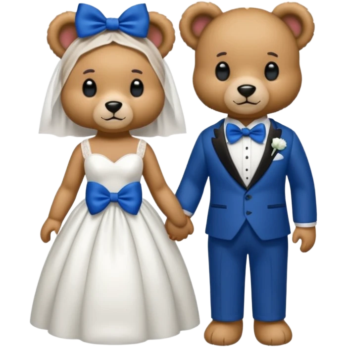 Teddy bear wearing white wedding dress holding the hand to another teddy bear wearing a big royal blue bow tie emoji