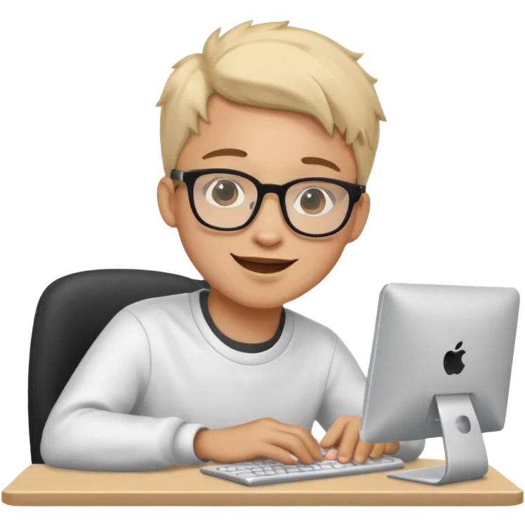 young programmer working at the computer, joyful emoji