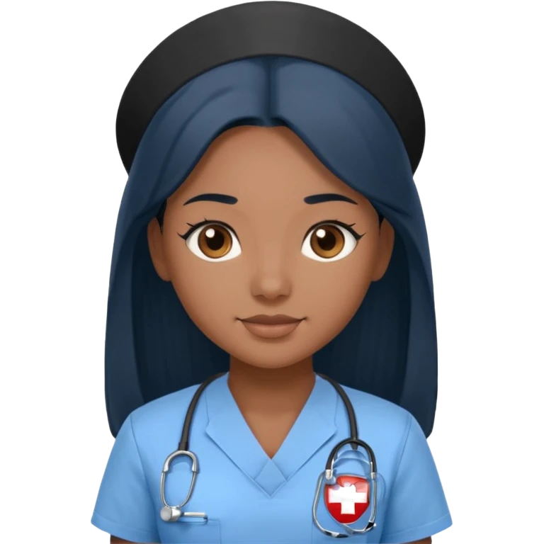 pretty brown skin nurse with long black hair and thin brown eyes in light blue scrubs emoji