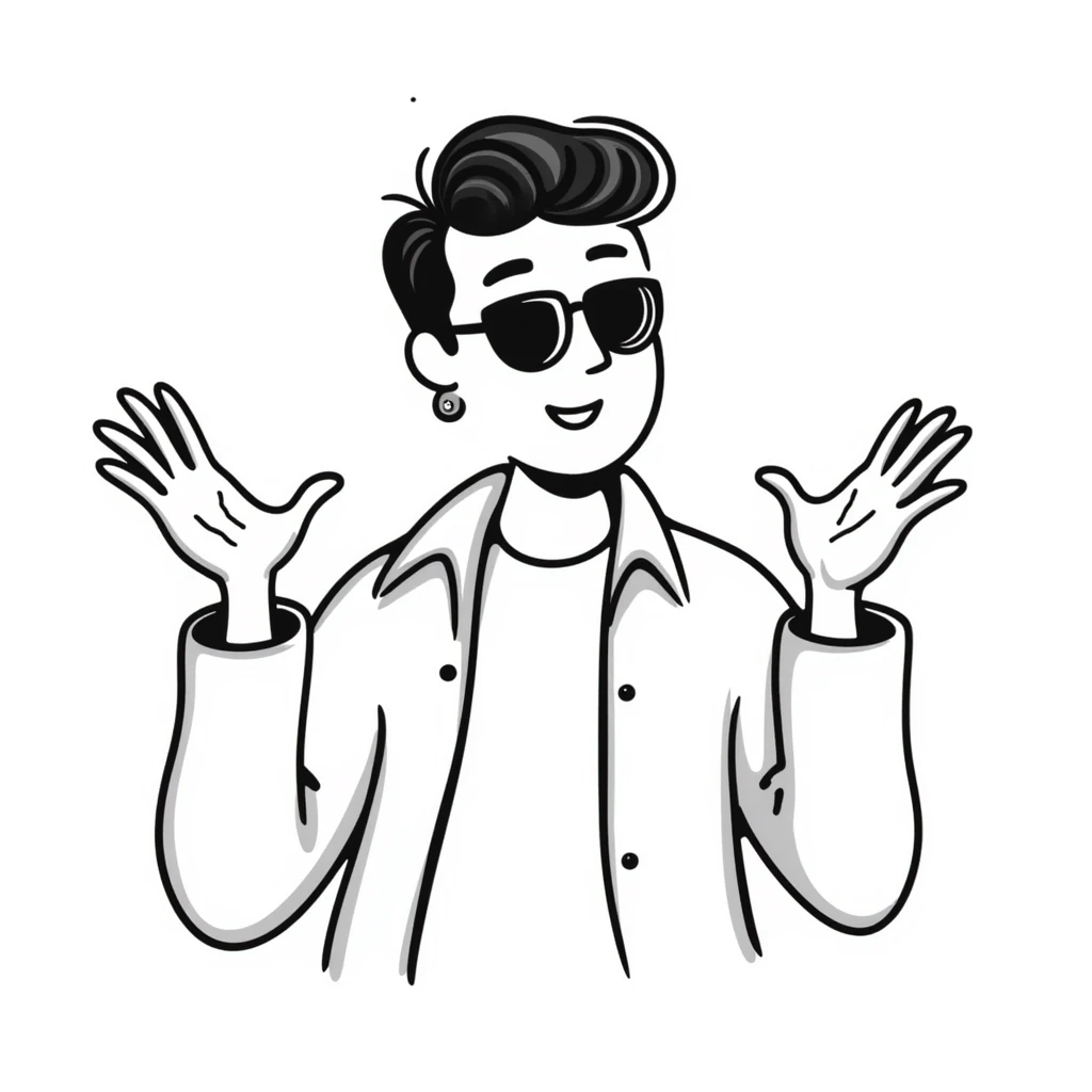 A 30-year-old Latino male with a piercing in one ear, wearing sunglasses, with short David Beckham style haircut, shrugging his shoulders with raised hands in a carefree "whatever, I'm good" gesture. He's smiling confidently while wearing a t-shirt with a light jacket emoji