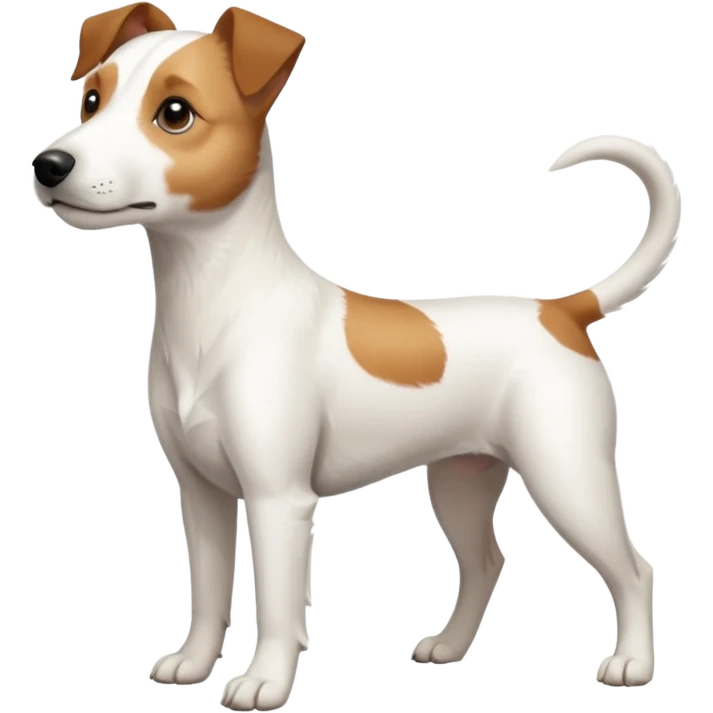 a full body slightly chubby white parson russell terrier looking dog the size of a kelpie with light brown long ears and a light brown patch on one eye and a large snout. the rest of the dog is completely whiteforward facing emoji