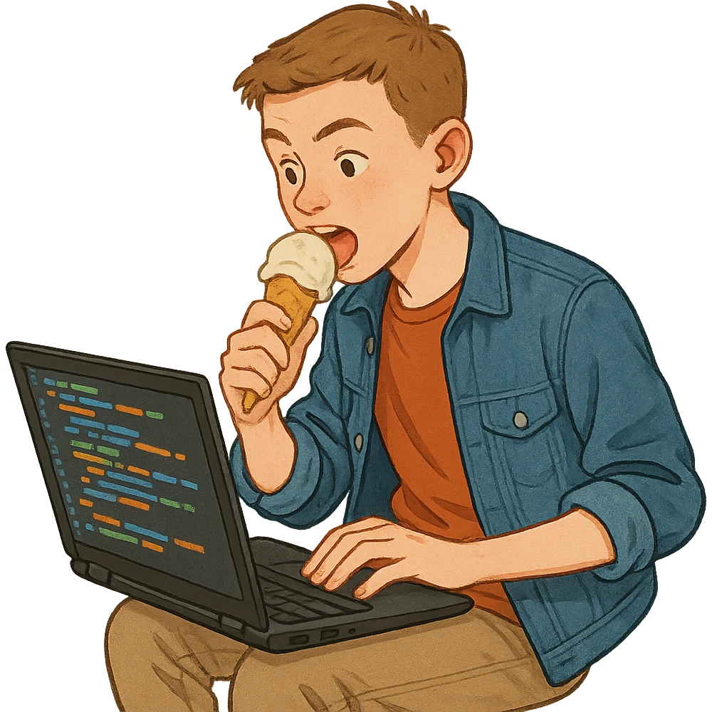 a white teenager with short hair, eating ice-cream, focused on laptop, coding, lively atmosphere, modern casual outfit emoji