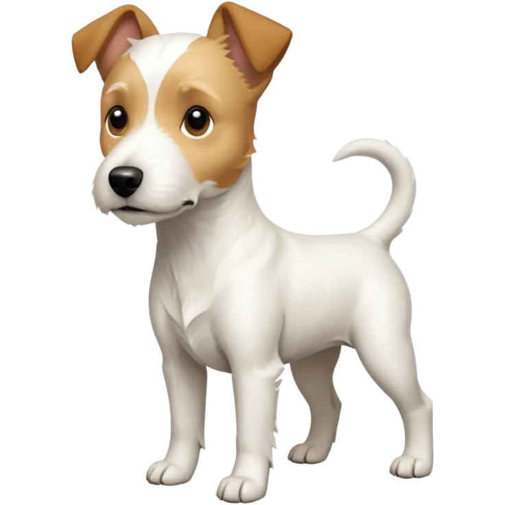 a full body facing front on of a buff white parson russell terrier looking dog the size of a kelpie with light brown long ears and a light brown patch on one eye and a large snout. the rest of the dog is completely white.  emoji