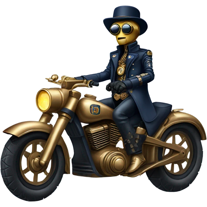 C-3PO wearing a pair of navy-blue sunglasses, hat, leather chaps, fringe jacket riding a steampunk motorcycle on ice  emoji