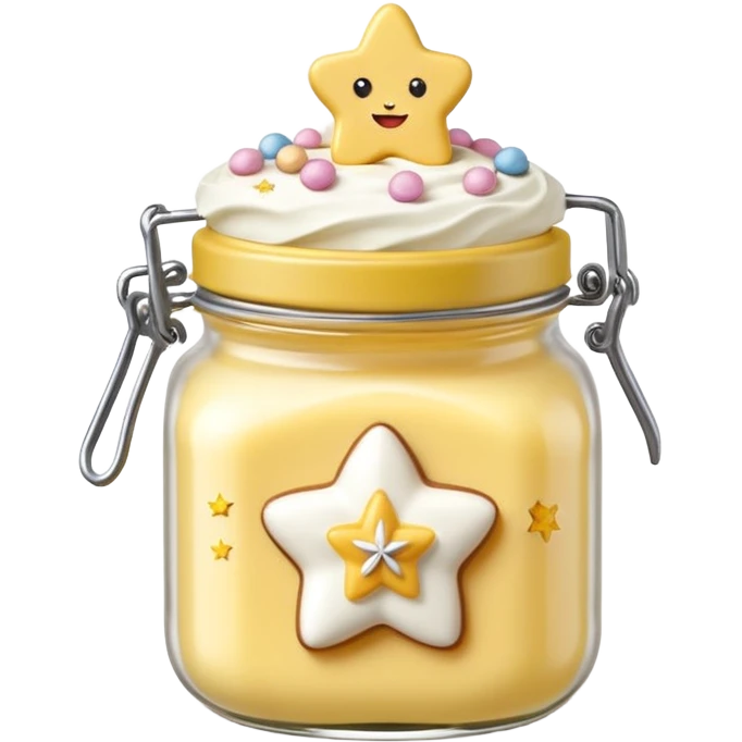 Una miniatura fotorrealista de una mantequilla corporal batida en un tarro, decorada con una pequeña figura sólida en forma de flor o estrella en la parte superior. Estilo: postre, arte, colores vibrantes. emoji