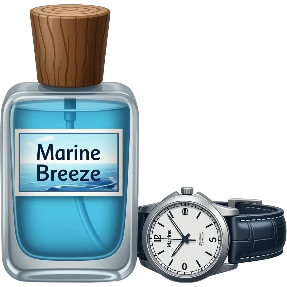 Духи флакон с темно-коричневой крышкой будто бы как попало отрубленной палки или дерева. Флакон длинный с голубой жидкостью внутри и написано морскойбриз. А рядом лежат часы emoji