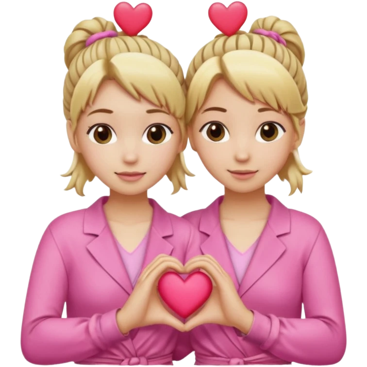 Two best friends making a heart shape with their hands together. One of them has blond hair which is shower and the other has brown hair tied up. They are both wearing pink outfits. emoji