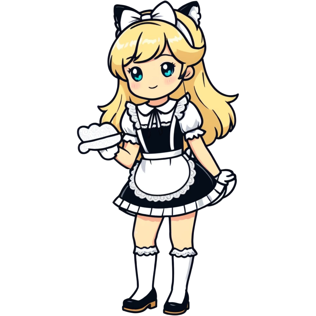 flirty petite blonde catgirl woman long hair freckles shy lace white French maid bare feet emoji