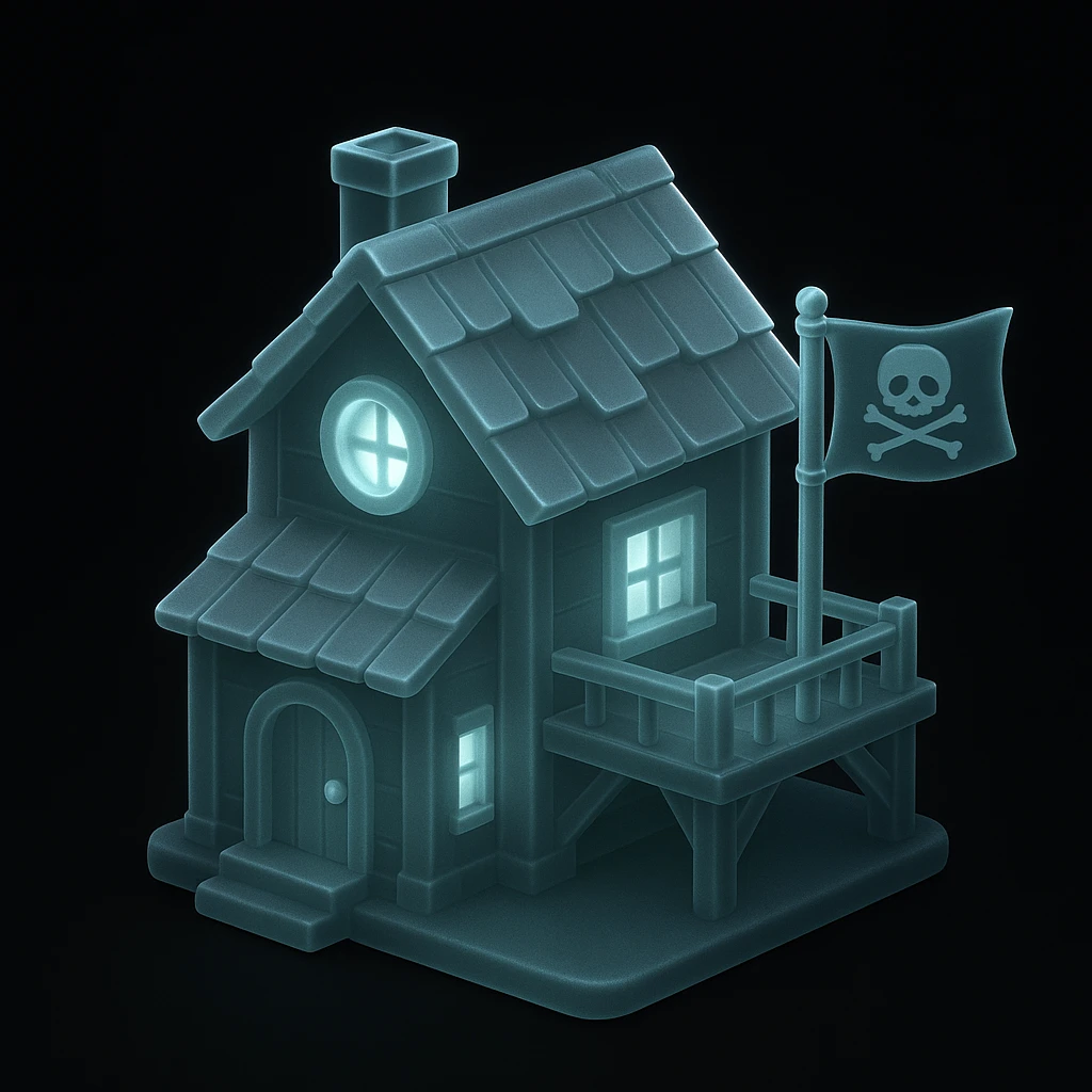 old pirate's house with skull flag emoji