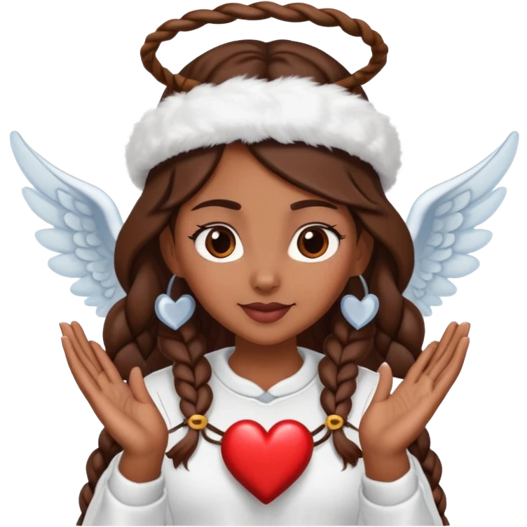 Femme de couleur marron cheffe aux cheveux bruns tressé longs, portant une toque, avec à la fois un halo d'ange et des cornes de diable sur la tête, faisant un cœur avec ses mains emoji