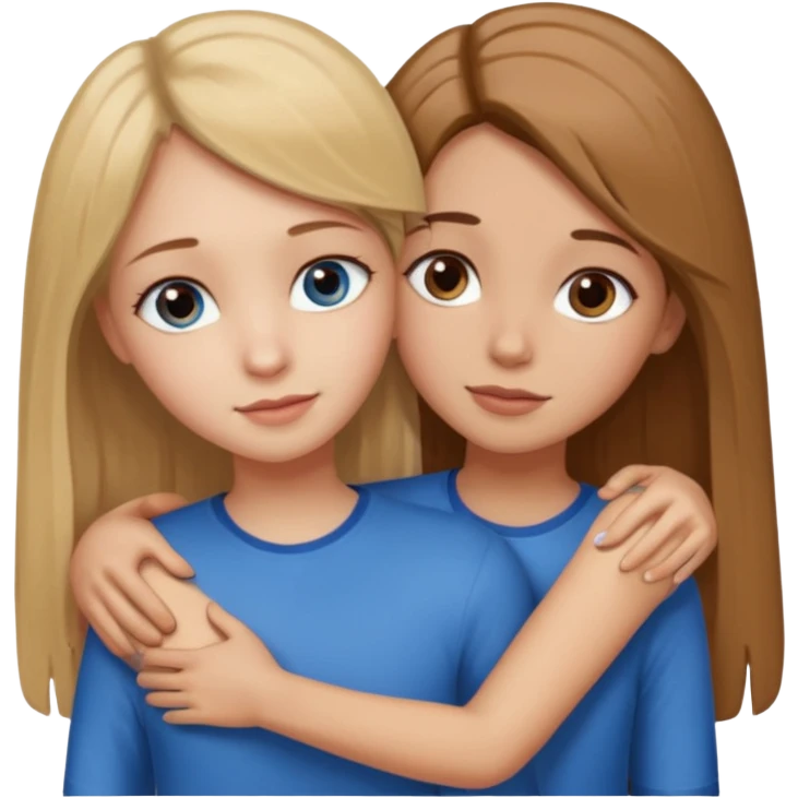 Two girls are hugging. One has dirty blonde hair with a little reddish in it. She has also blue eyes. Her hair is long and straight. The other girl has dark brown hair with hazel eyes emoji
