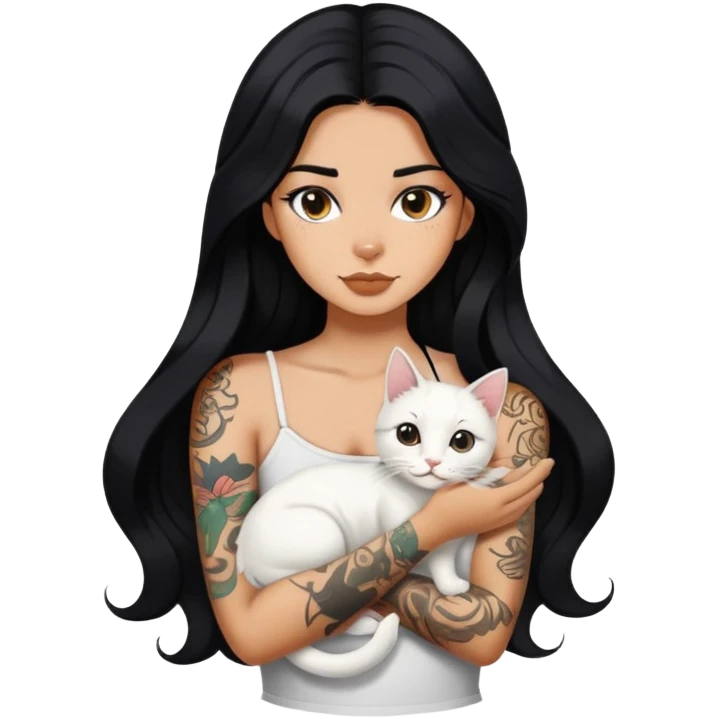 girl with long wave black hair and tattoos and a white cat emoji