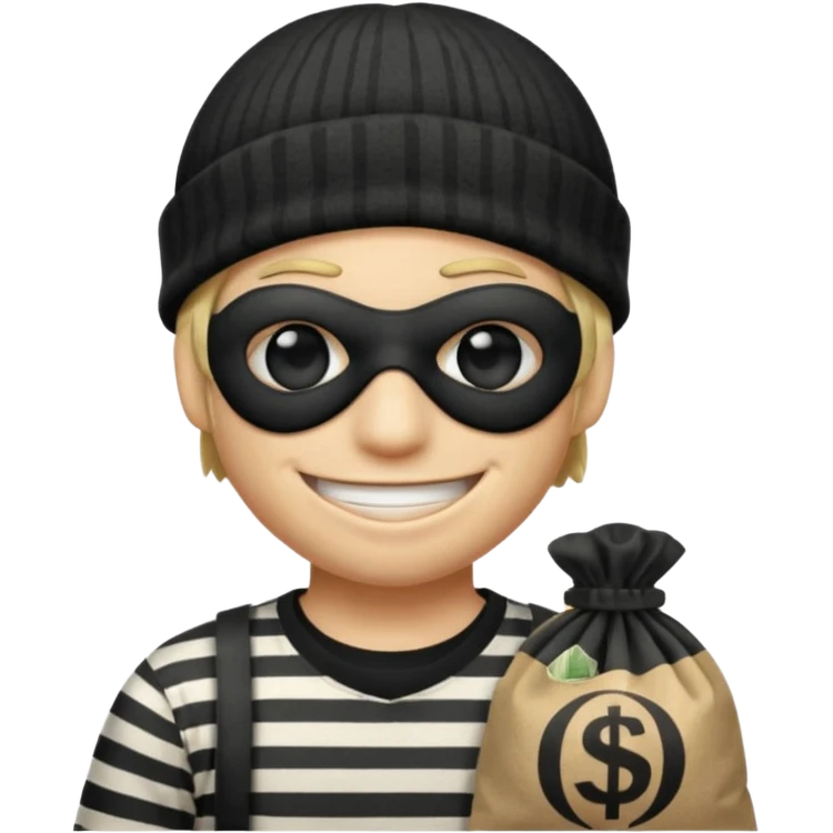 smiley robber wears black eye mask, black beanies and black and white stibes shirt with one money bag beside him emoji