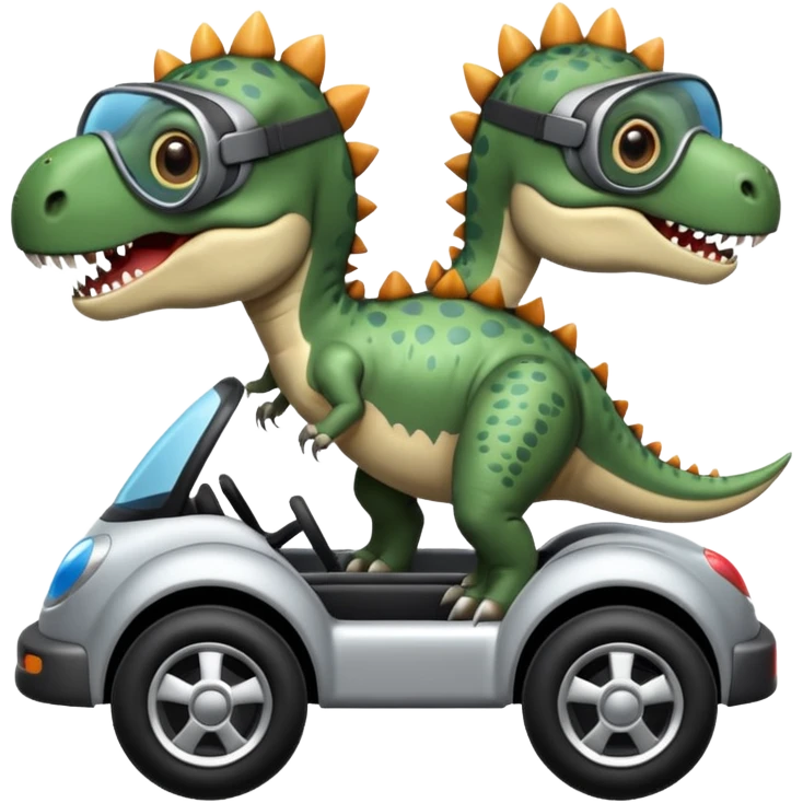 Tres dinosaurios bebés grises cada uno subido en un carro tecnológico blanco con lentes de realidad virtual emoji