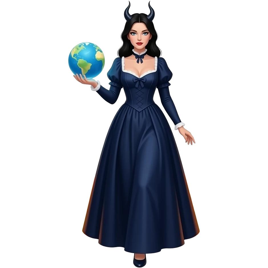 a seductive evil beautiful woman in a long dark blue Victorian dress with a deep neckline holds a glowing globe in her hand and steps out of a circle of fire emoji