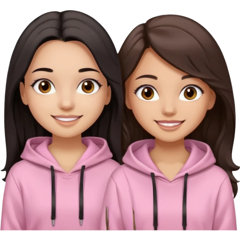 A pretty girl with light skin and long straight black brown hair, wearing a very light pink basic hoodie with brown eyes and makeup and a round face with another girl with tan skin and very wavy brown hair emoji