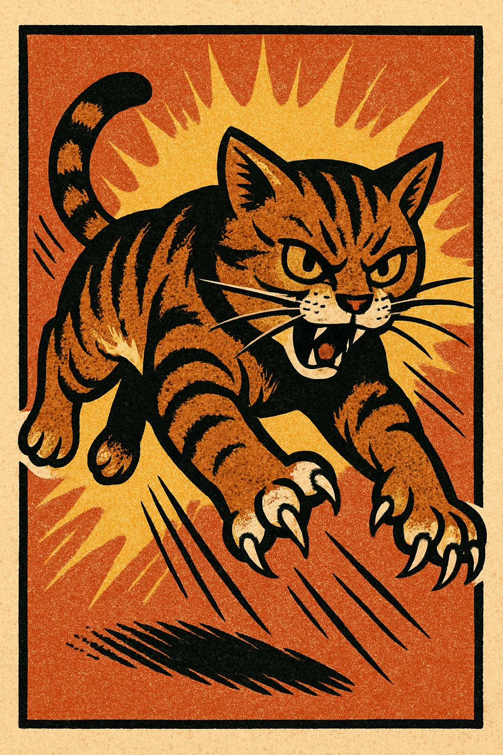 a cat pouncing with claws out, comic style, action pose emoji