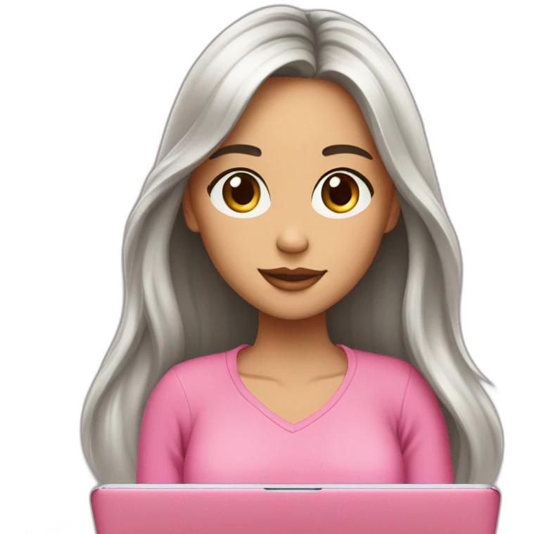 smm girl brunet with long hear and brown eyes with pink mac book emoji