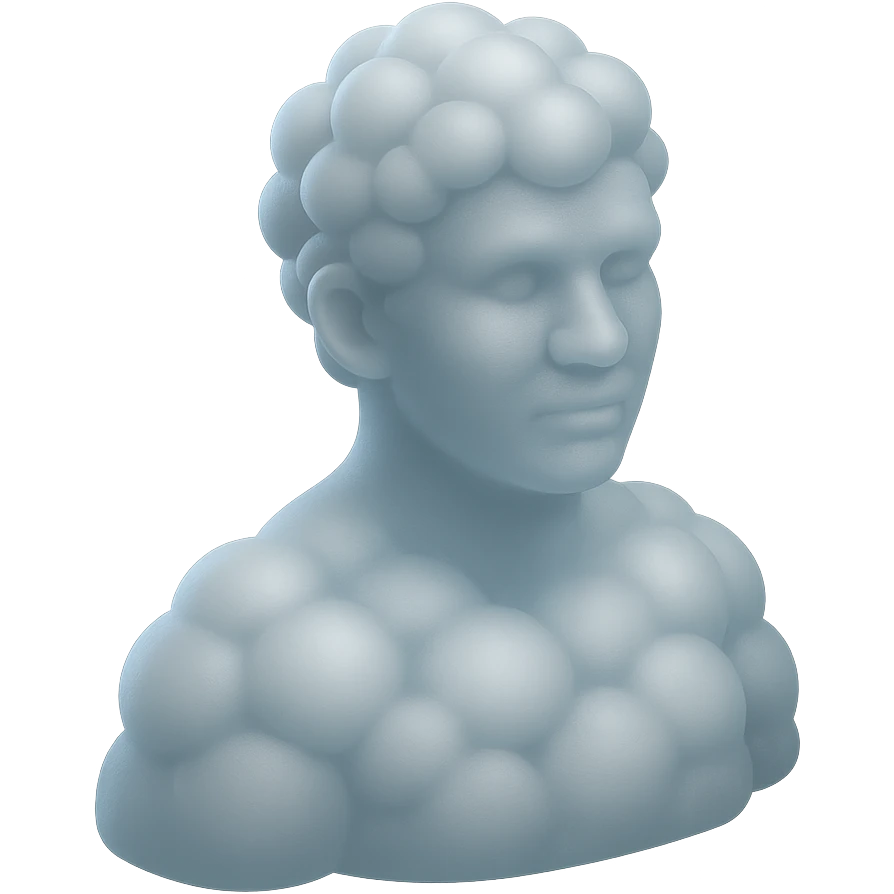 person looking straight, made entirely of white fluffy convex clouds, shoulder up, matte glass style, clouds more rounded, no background emoji