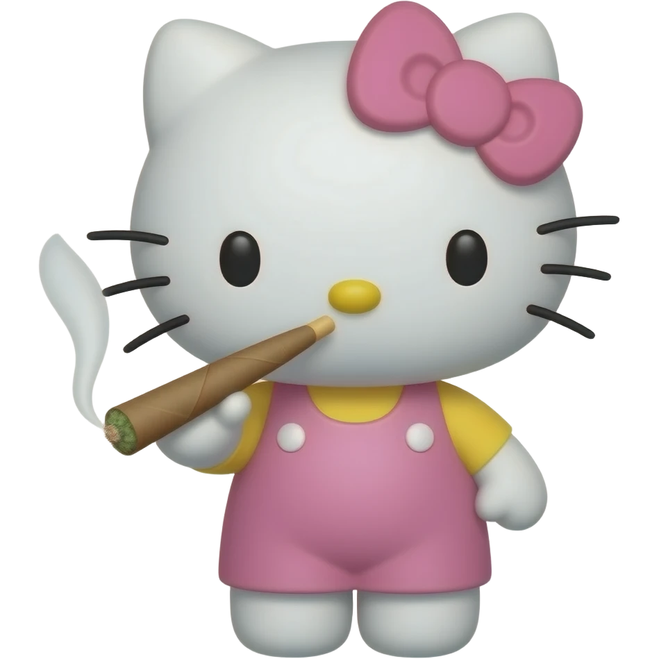 Hello kitty with light pink bow smoking a rolled marijuana blunt emoji