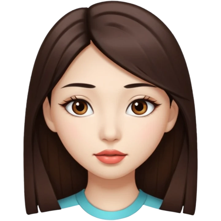 Una chica con piel muy clarita con pleo liso largo de color castaño y unos ojos marrones oscuro y labios grandes y nariz bonita y con unas pestañas que parezca asiatica emoji