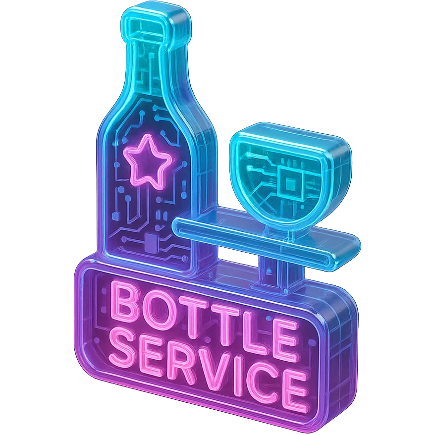 bottle service sign, neon style, glowing effect, modern nightclub vibe, glossy circuit style emoji