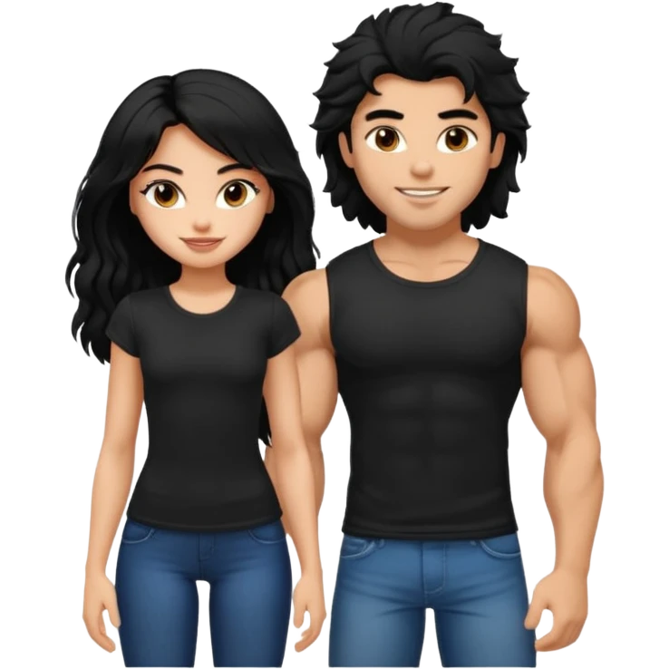 a pretty bratz guy with black hair with big muscles and shaggy hair in a tight black tee smiling standing with a girl emoji