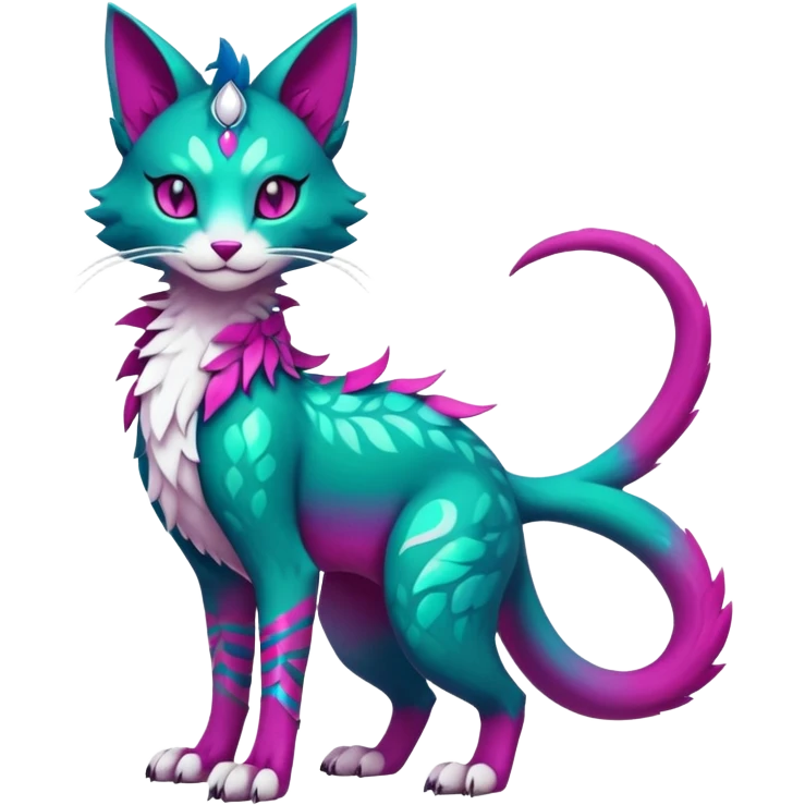 Kawaii cute colorful iridescent dark-turquoise-green and magenta and white beautiful pretty elegant divine edgy feline-vernid-sergal-Fakémon-Pokémon-fursona-animal-creature with accessories, full body, with intricate detailed markings emoji